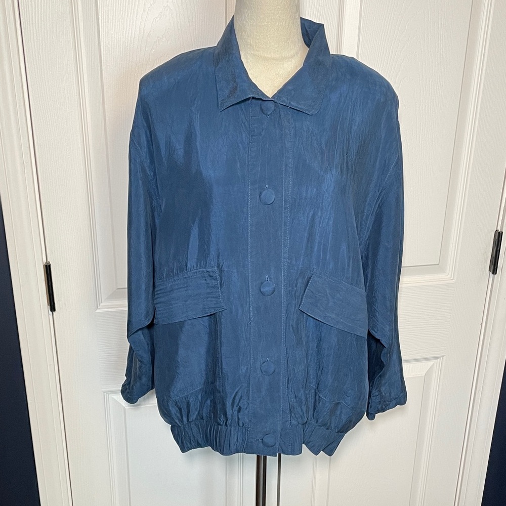 Vintage LC California Slouchy Blue Silk Bomber Jacket Size Large